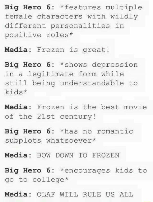 Big Hero 6 features multiple female characters with wildly different personalities in positive roles Media Frozen is great Big Hero 6 shows depression in a legitimate form while still being understandable to kids Media Frozen is the best movie of the 21st century Big Hero 6 has no romantic subplots whatsoever Media BOW DOWN TO FROZEN Big Hero 6 encourages kids to go to college Media OLAF WILL RULE