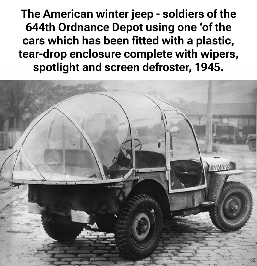 The American winter jeep - soldiers of the 644th Ordnance Depot using one of the cars which has been fitted with a plastic, tear-drop enclosure complete with wipers, spotlight and screen defroster, 1945.