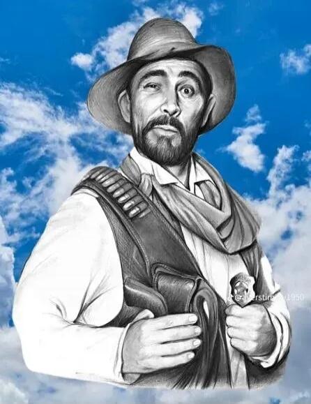 A black and white drawing of a man in a cowboy hat and western attire, winking with one eye and looking surprised with the other. He has a beard and is wearing a bandolier and a holster. The background is a blue sky with clouds. There is a watermark '@averstin_1950'.