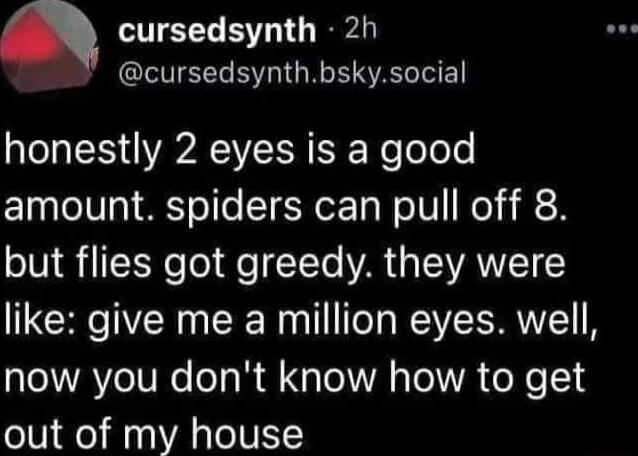 cursedsynth 2h cursedsynthbskysocial honestly 2 eyes is a good amount spiders can pull off 8 but flies got greedy they were like give me a million eyes well oI AYeIVNe oa R l gl A s e VA e Yo 1 out of my house