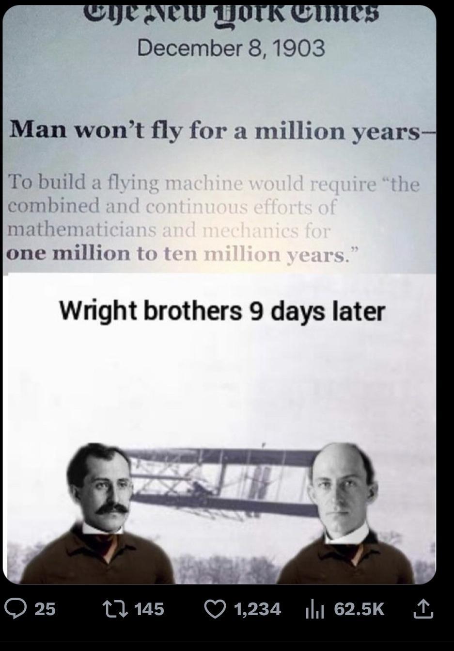 W TJOTR December 81903 Man wont fly for a million years To buil yml one million Wright brothers 9 days later Q1234 625K 1