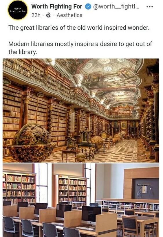 Worth Fighting For worth_fighti 22h Aestheti The great libraries of the old world inspired wonder Modern libraries mostly inspire a desire to get out of the library