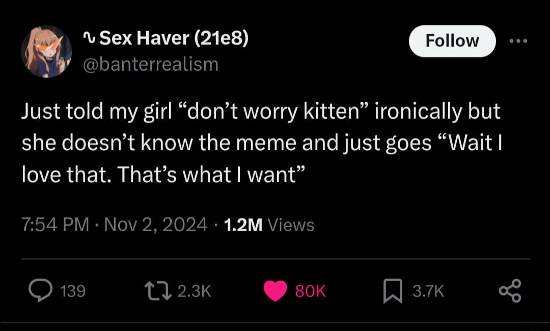 Sex Haver 21e8 banterrealism Just told my girl dont worry kitten ironically but she doesnt know the meme and just goes Wait OGBS NEVLEI RN 754 PM Nov 2 2024 12M Views O Mok ek Qamk o