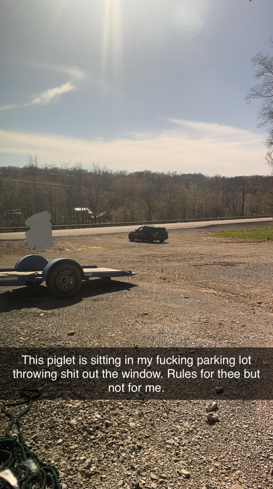 This piglet is sitting in my fucking parking lot throwing shit out the window Rules for thee but not for me