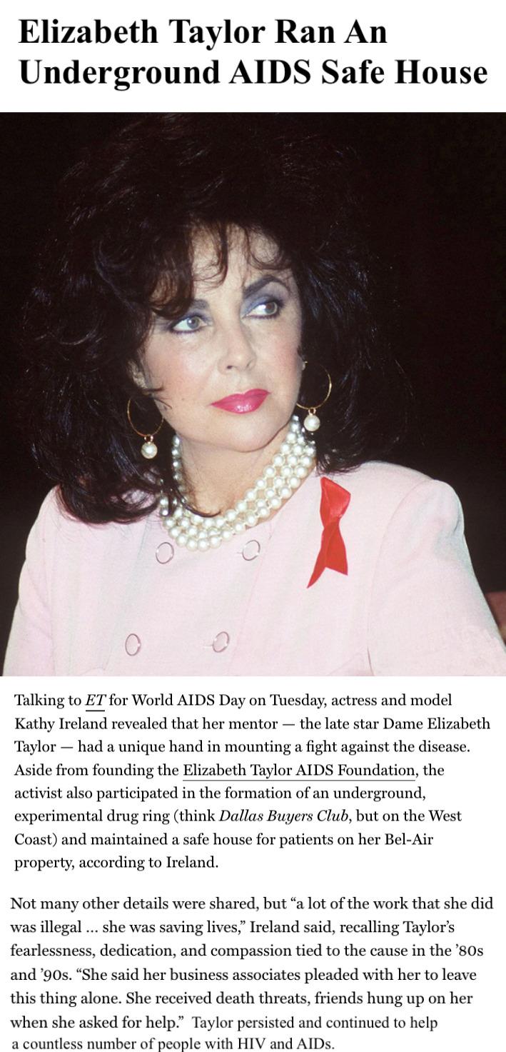 Elizabeth Taylor Ran An Underground AIDS Safe House Talking to ET for World AIDS Day on Tuesday actress and model Elizabeth athy Ireland revealed that her mentor the late star D wlor had a unique hand in mounting fight against the dis Aside from founding the Elizabeth Taylor AIDS Foundation the activist also participated in the formation of an underground experimental drug ring think Dallas Bugers