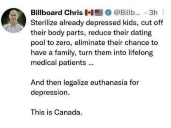 Billboard Chris I EBillb 3h Sterilize already depressed kids cut off their body parts reduce their dating pool to zero eliminate their chance to have a family turn them into lifelong medical patients And then legalize euthanasia for depression This is Canada