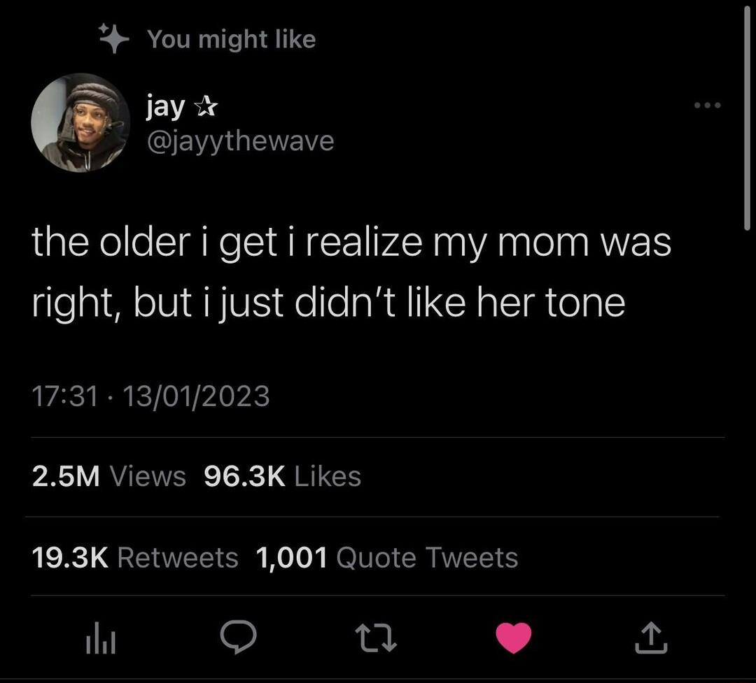 You might like JEVS 7 QIENMGGEEITS the older i get i realize my mom was right but i just didnt like her tone 1731 13012023 25M Views 963K Likes R GQETEL O T RelTTa CRITER S il e L J