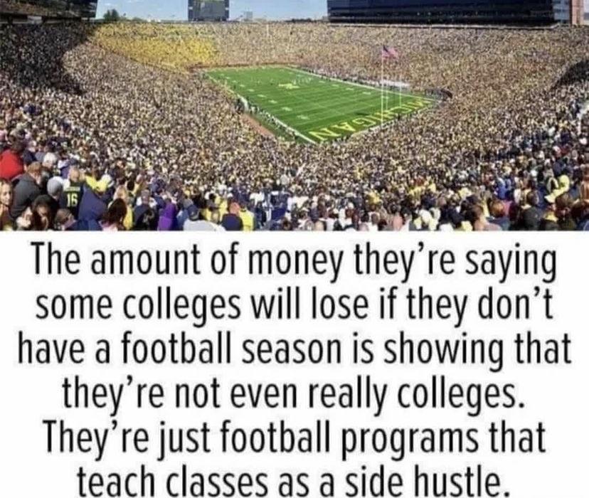 The amount of money they re saying some colleges will lose if they dont have a football season is showing that theyre not even really colleges Theyre just football programs that teach classes as a side hustle