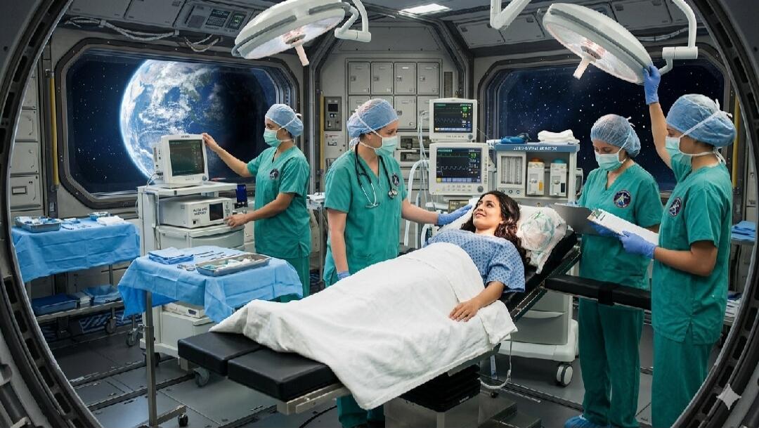 A medical team performs surgery on a patient in an operating room aboard a spaceship, with Earth visible through the window.