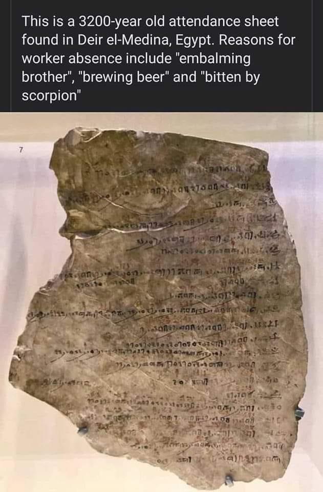 This is a 3200 year old attendance sheet found in Deir el Medina Egypt Reasons for worker absence include embalming brother brewing beer and bitten by scorpion