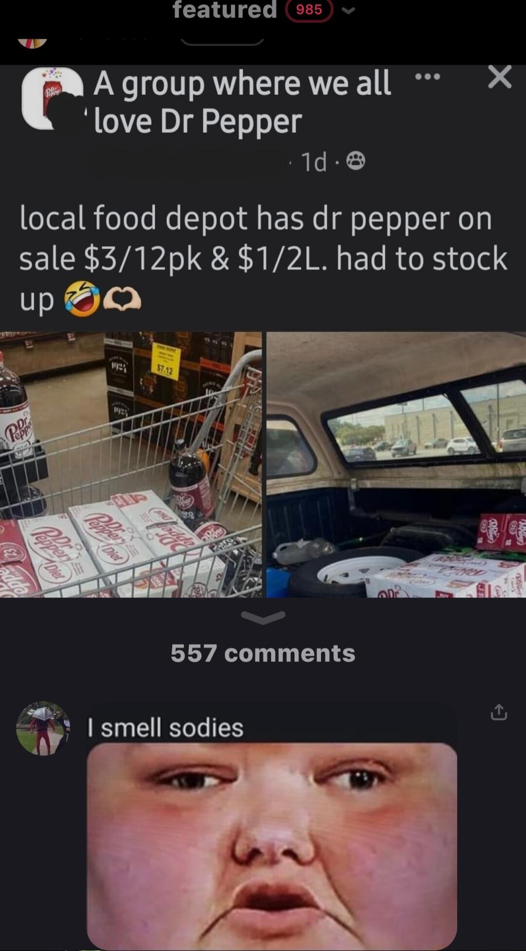 featured Agroup whereweall X love Dr Pepper 1d local food depot has dr pepper on CEICE R TAPI S8 Y VI ET R R od 3 557 comments smell sodies W