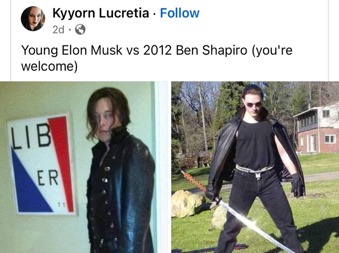 Kyyorn Lucretia Follow 2d Q Young Elon Musk vs 2012 Ben Shapiro youre welcome