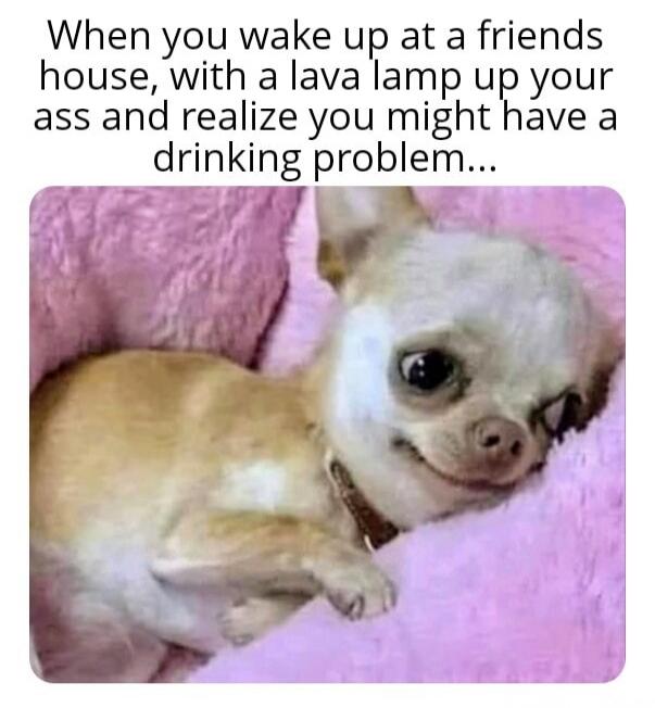 When you wake up at a friends house, with a lava lamp up your ass and realize you might have a drinking problem...