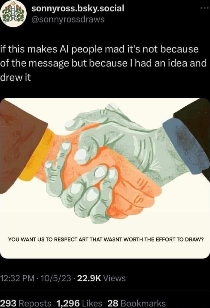 sonnyrossbskysocial nn I IRGIEEETCEEPANTETe o SRy ETe NI ol o Ter IVEL of the message but because had an idea and drew it YOU WANT US TO RESPECT ART THAT WASNT WORTH THE EFFORT TO DRAW 3 229K Vie 293 Reposts 1296 Likes 28 Bool