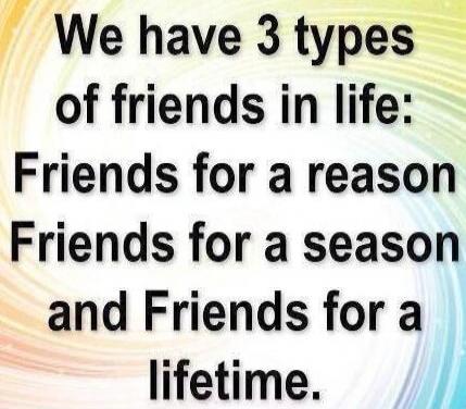 We have 3 types of friends in life: Friends for a reason Friends for a season and Friends for a lifetime.