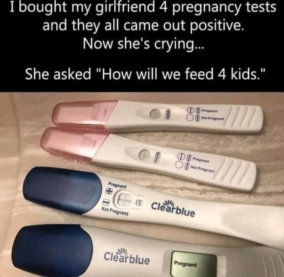 Ibought my girlfriend 4 pregnancy tests and they all came out positive Now shes crying She asked How will we feed 4 kids