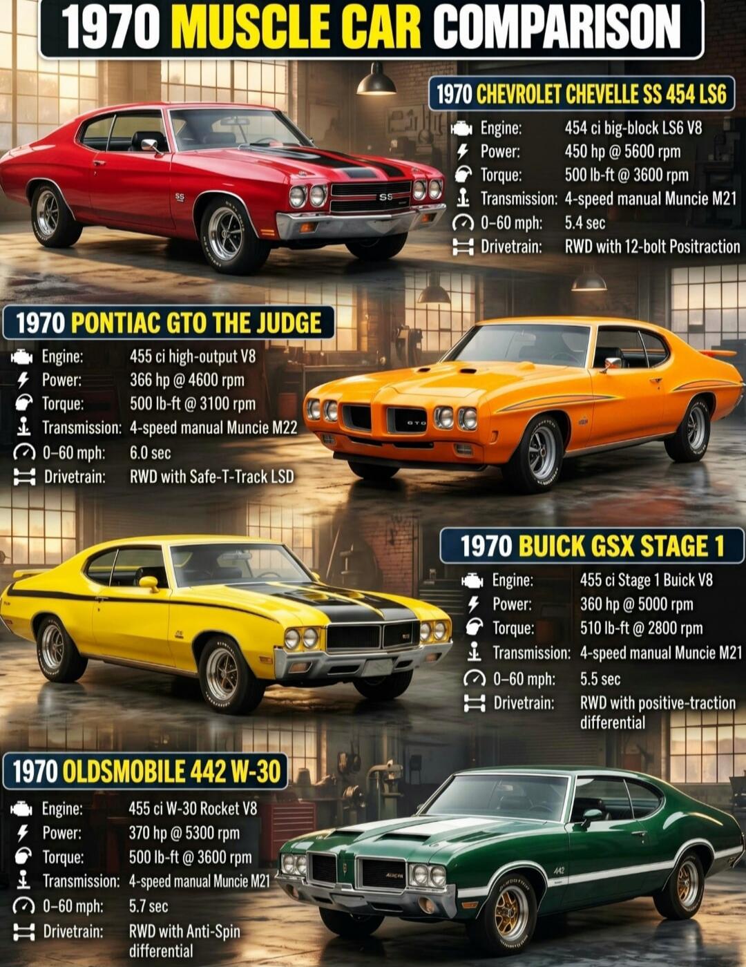 1970 MUSCLE CAR COMPARISON 1970 CHEVROLET CHEVELLE SS 454 LS6 Engine: 454 ci big-block LS6 V8 Power: 450 hp @ 5600 rpm Torque: 500 lb-ft @ 3600 rpm Transmission: 4-speed manual Muncie M21 0-60 mph: 5.4 sec Drivetrain: RWD with 12-bolt Positraction 1970 PONTIAC GTO THE JUDGE Engine: 455 ci high-output V8 Power: 366 hp @ 4600 rpm Torque: 500 lb-ft @ 