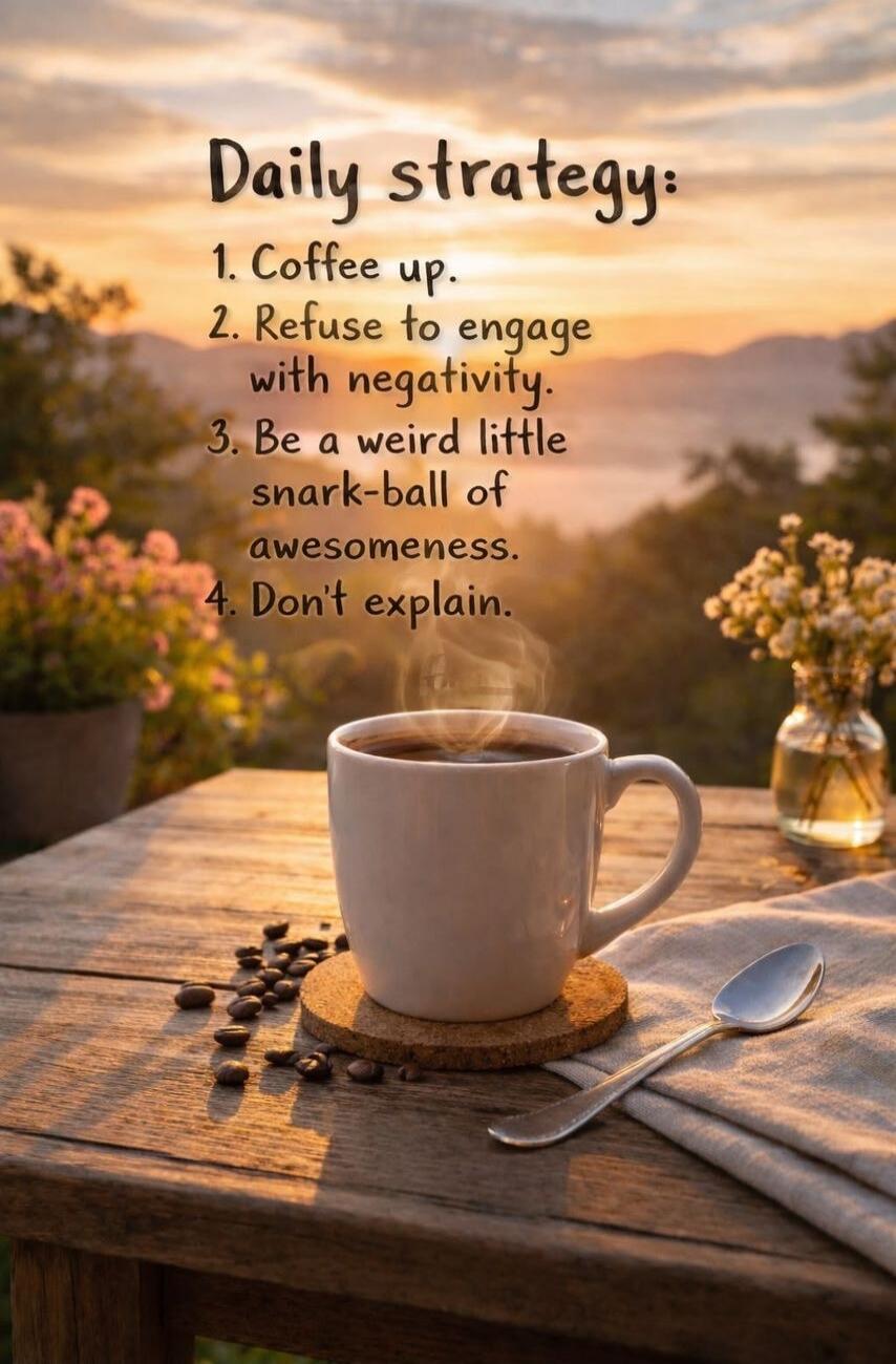 Daily strategy: 1. Coffee up. 2. Refuse to engage with negativity. 3. Be a weird little snark-ball of awesomeness. 4. Don't explain.