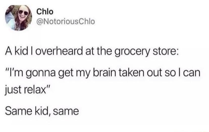 Chlo NotoriousChlo Akid overheard at the grocery store Im gonna get my brain taken out so can just relax Same kid same