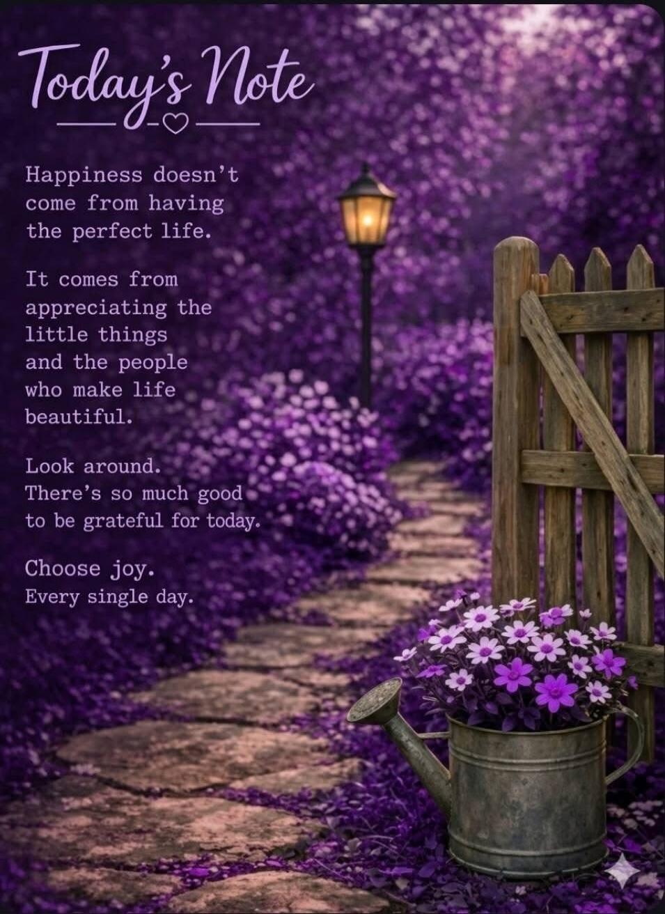 Today's Note. Happiness doesn't come from having the perfect life. It comes from appreciating the little things and the people who make life beautiful. Look around. There's so much good to be grateful for today. Choose joy. Every single day.