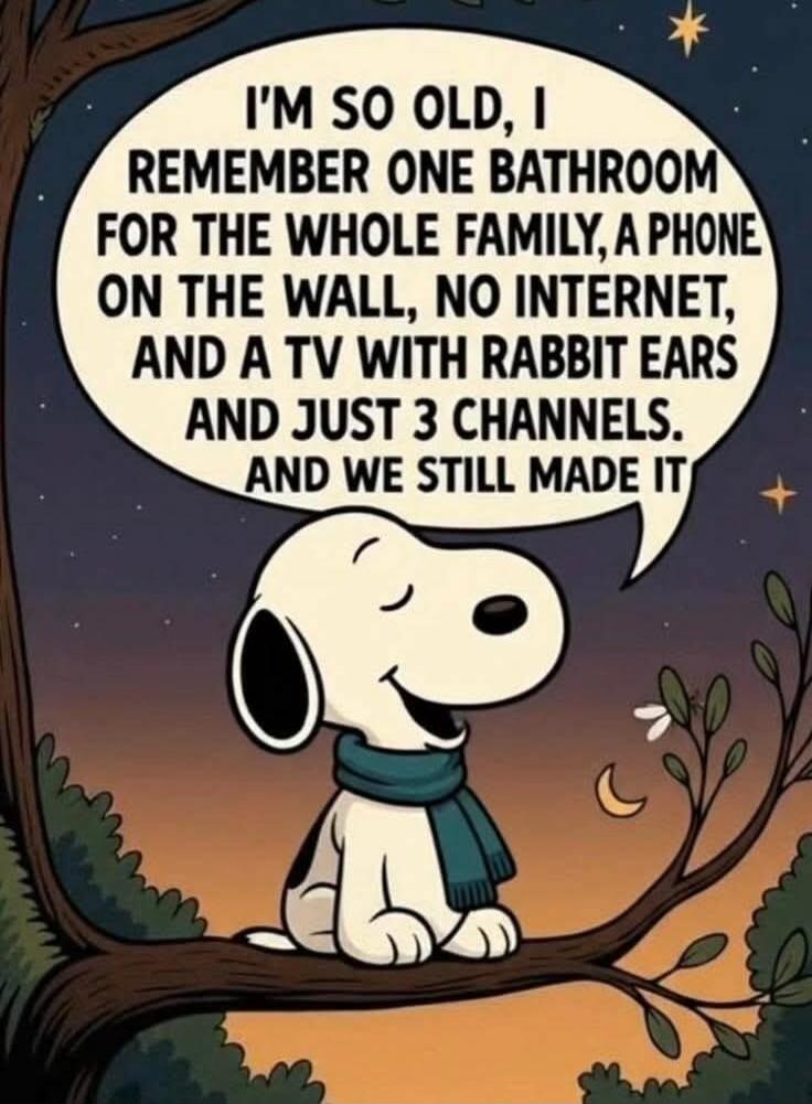 I'M SO OLD, I REMEMBER ONE BATHROOM FOR THE WHOLE FAMILY, A PHONE ON THE WALL, NO INTERNET, AND A TV WITH RABBIT EARS AND JUST 3 CHANNELS. AND WE STILL MADE IT