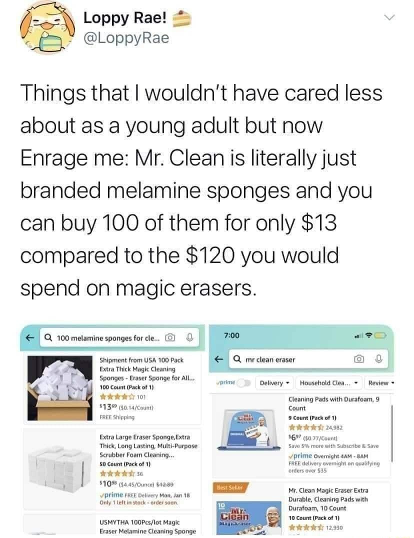 m Loppy Rae P Y LoppyRae Things that wouldnt have cared less about as a young adult but now Enrage me Mr Clean is literally just branded melamine sponges and you can buy 100 of them for only 13 compared to the 120 you would spend on magic erasers Q100 melamine sponges for cle 9 l i Shipment from USA 100 Pack Q mr clean eraser Extra Thick Magic Clea Al Spmge s e o Delivery Household Clea 100 Count 