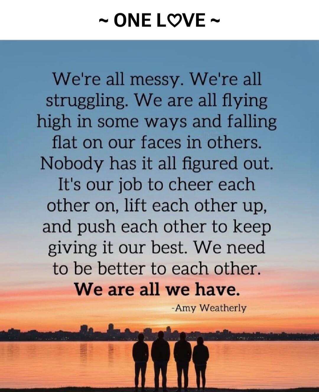~ ONE LOVE ~
We're all messy. We're all struggling. We are all flying high in some ways and falling flat on our faces in others. Nobody has it all figured out. It's our job to cheer each other on, lift each other up, and push each other to keep giving it our best. We need to be better to each other. We are all we have.
-Amy Weatherly