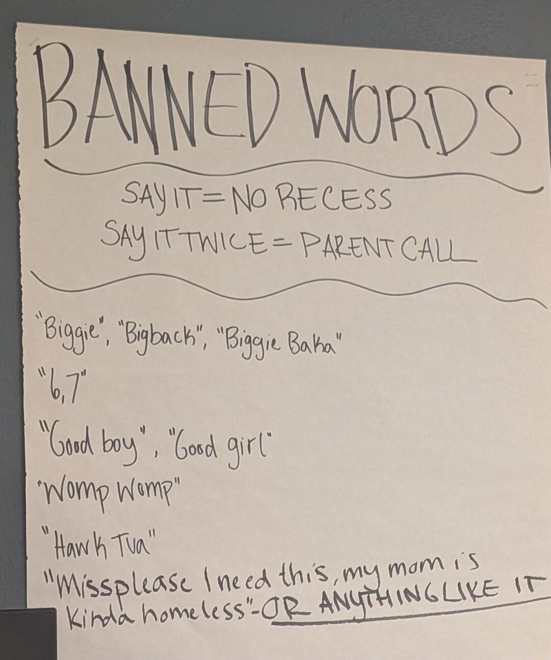 BANNED WORDS
SAy IT = NO RECESS
SAY IT TWICE = PARENT CALL

