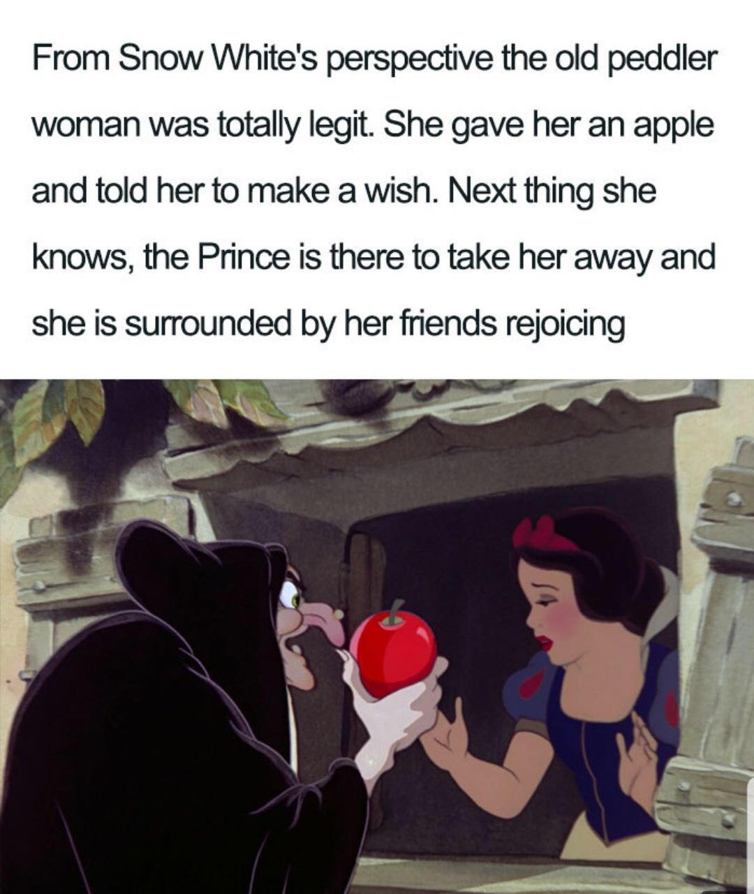 From Snow Whites perspective the old peddler woman was totally legit She gave her an apple and told her to make a wish Next thing she knows the Prince is there to take her away and she is surrounded by her friends rejoicing