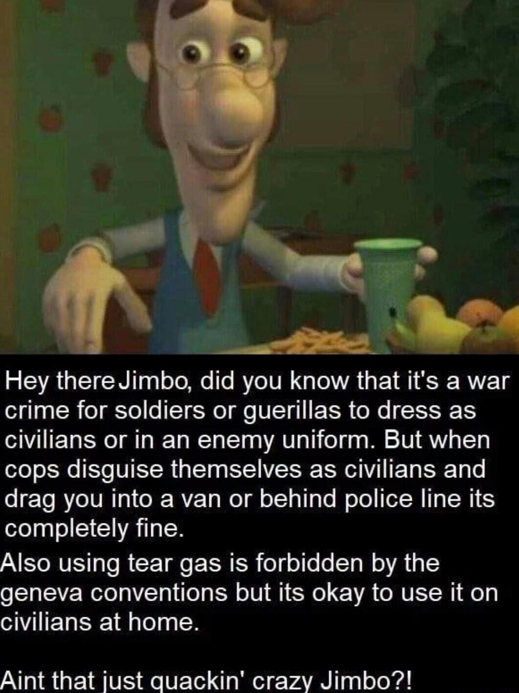 Hey thereJimbo did you know that its a war crime for soldiers or guerillas to dress as civilians or in an enemy uniform But when o oS VR e BV BRIV TET Ty drag you into a van or behind police line its completely fine Also using tear gas is forbidden by the geneva conventions but its okay to use it on civilians at home Aint that just quackin crazy Jimbo