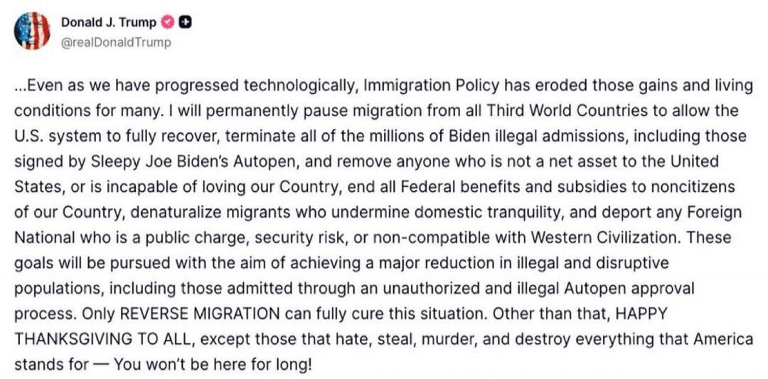 [Partial OCR] ...Even as we have progressed technologically, Immigration Policy has eroded those gains and living conditions for many. It will permanently pause migration from all Third World Countries to allow the U.S. system to recover, [unclear] those signed by Sleepy Joe Biden's [unclear] and remove anyone who is not at [unclear] to the United 