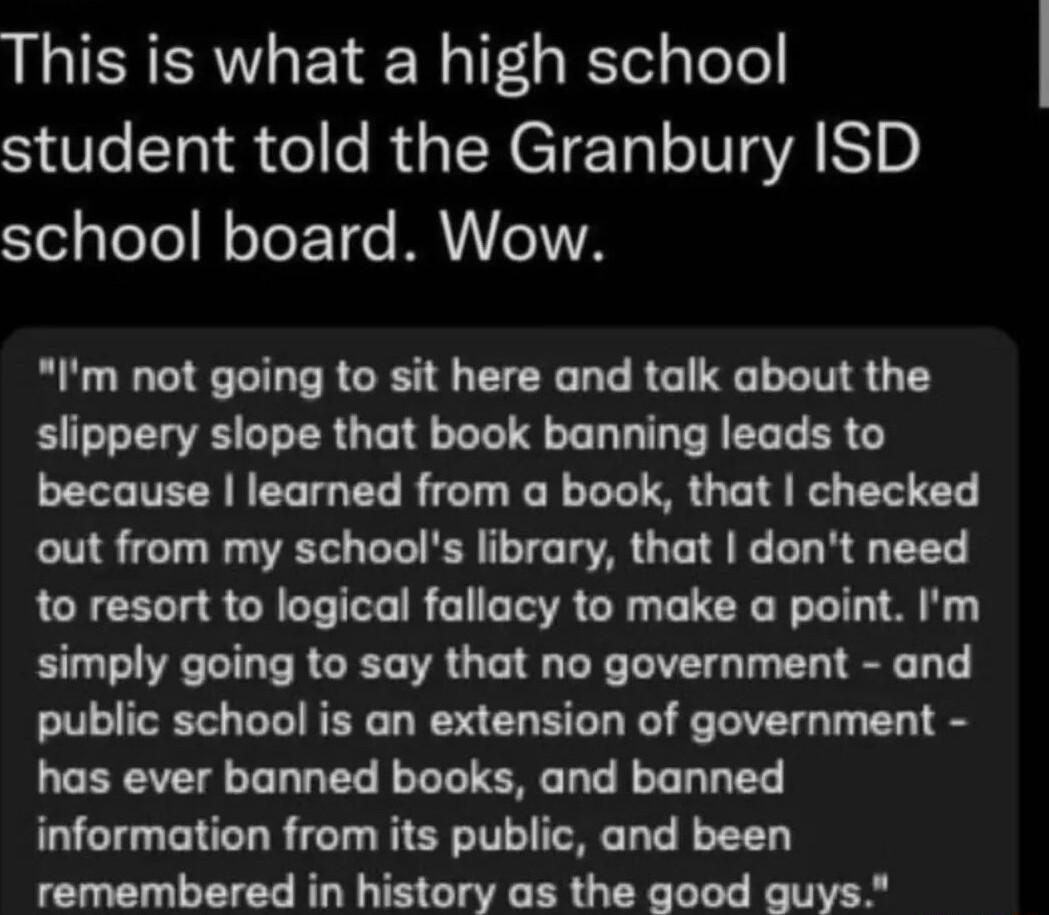 This is what a high school SRR It RGN CTET AN STolyTolel R oToET7e MATeITA Im not going to sit here and talk about the slippery slope that book banning leads to because learned from a book that checked out from my schools library that dont need to resort to logical fallacy to make a point Im simply going to say that no government and public school is an extension of government has ever banned book