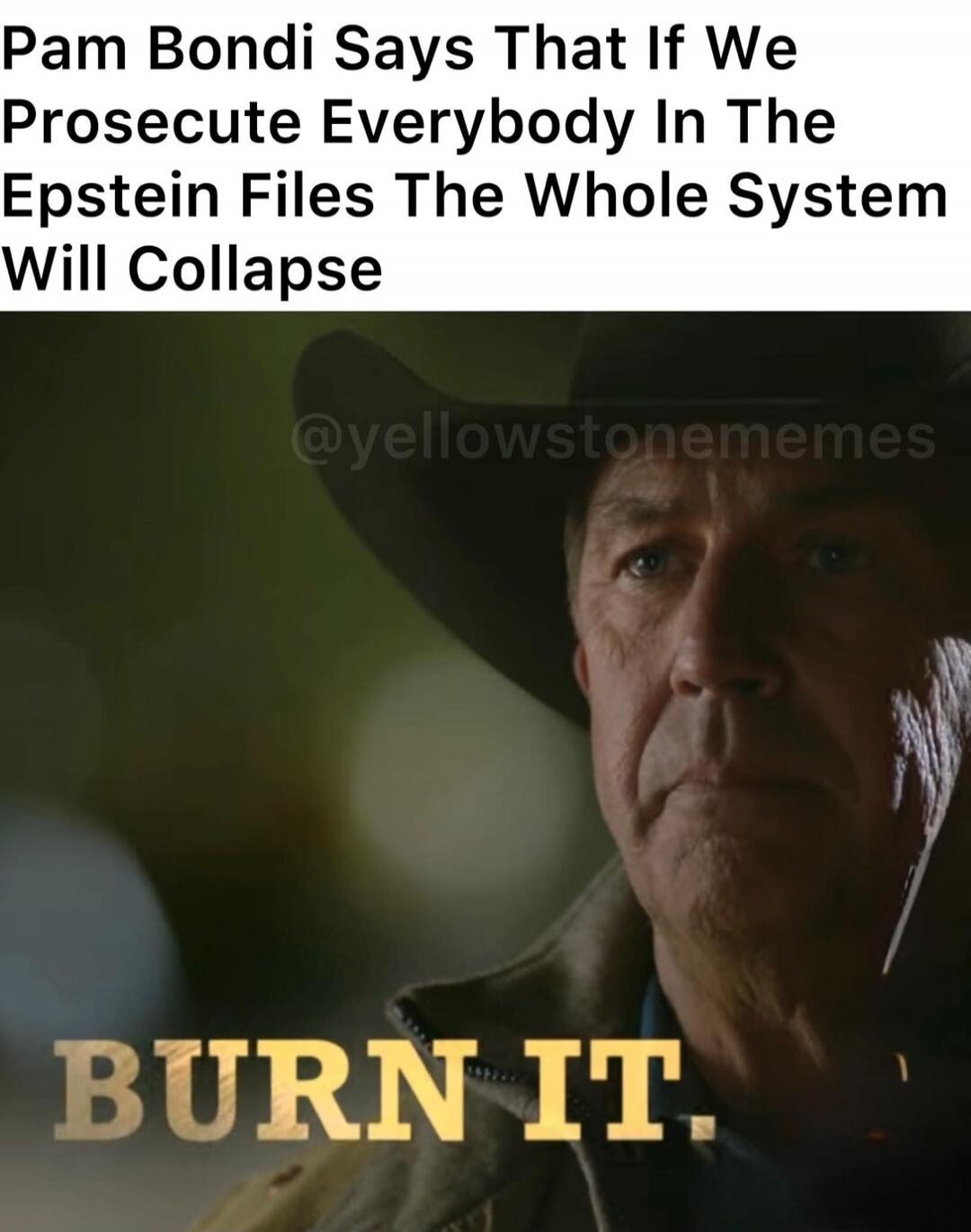 Pam Bondi Says That If We Prosecute Everybody In The Epstein Files The Whole System Will Collapse
BURN IT.