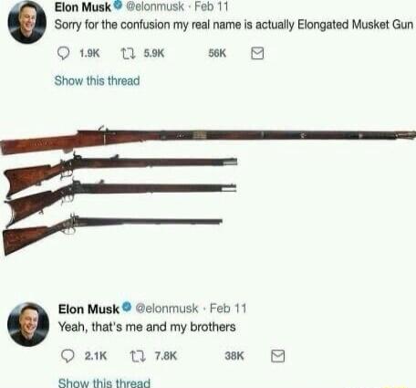 Elon Musk elonmusk Feb 11 Sorry for the confusion my real name is actually Elongated Musket Gun Q1 10 8 B Show this thread Elon Musk elonmusk Feb 11 Yeah thats me and my brothers Q 21k 11 7aK w B Show this thread