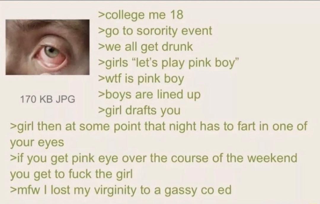 college me 18 go to sorority event we all get drunk girls lets play pink boy wif is pink boy 1708 pG boys are lined up girl drafts you girl then at some point that night has to fart in one of your eyes if you get pink eye over the course of the weekend you get to fuck the girl mfw lost my virginity to a gassy co ed