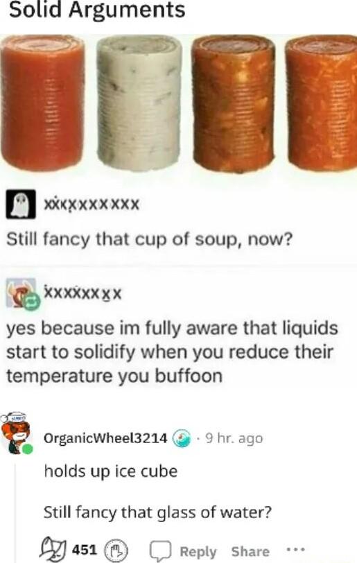 Solid Arguments u HKKXXXX XXX Still fancy that cup of soup now ikxxxxxgx yes because im fully aware that liquids start to solidify when you reduce their temperature you buffoon OrganicWheel3214 3 9 hr ago holds up ice cube Still fancy that glass of water P51 O Reply Share