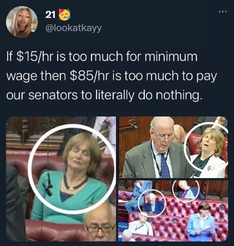 3 2 lookatkayy If 15hr is too much for minimum wage then 85hr is too much to pay our senators to literally do nothing
