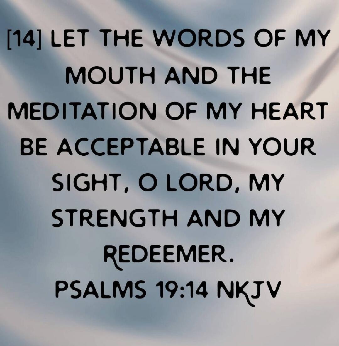 [14] LET THE WORDS OF MY MOUTH AND THE MEDITATION OF MY HEART BE ACCEPTABLE IN YOUR SIGHT, O LORD, MY STRENGTH AND MY REDEEMER. PSALMS 19:14 NKJV