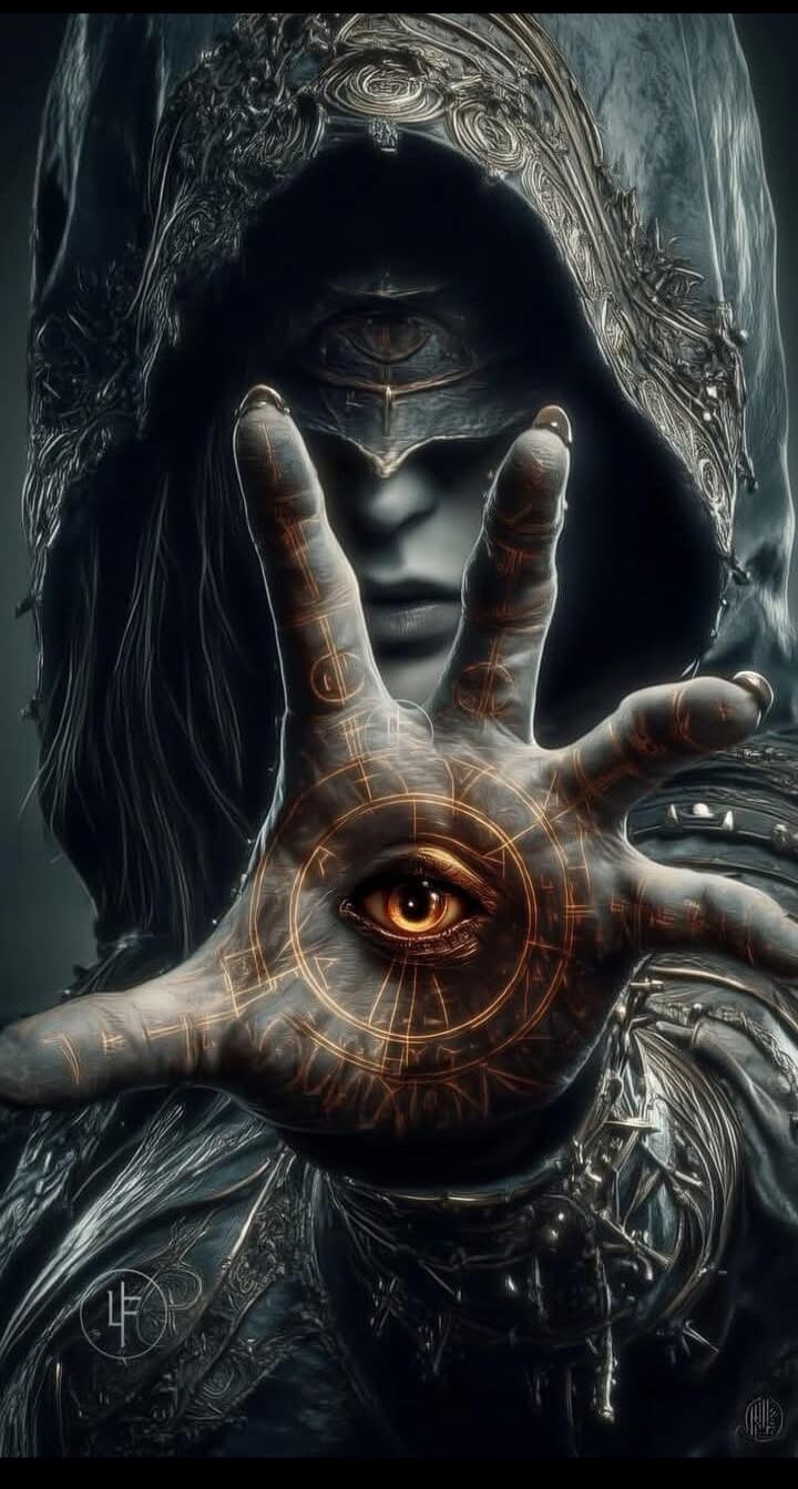 Hooded figure with an illuminated eye in the palm overlay
