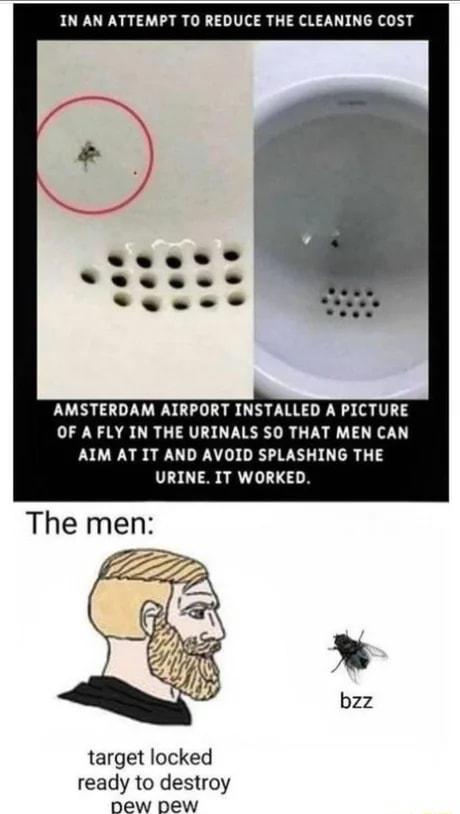 IN AN ATTEMPT TO REDUCE THE CLEANING COST AMSTERDAM AIRPORT INSTALLED A PICTURE OF A FLY IN THE URINALS SO THAT MEN CAN AIM AT IT AND AVOID SPLASHING THE URINE IT WORKED target locked ready to destroy Dew pew