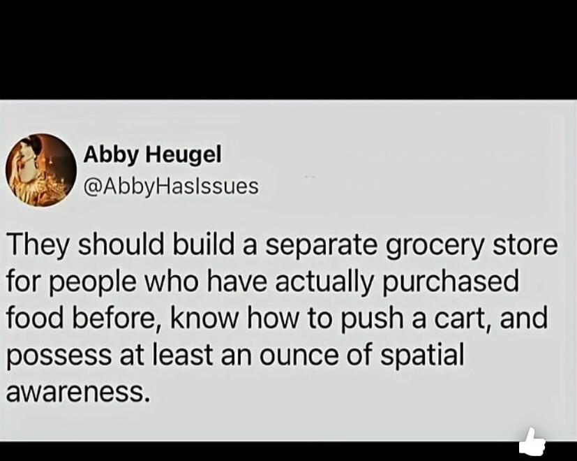 Abby Heugel @AbbyHasIssues They should build a separate grocery store for people who have actually purchased food before, know how to push a cart, and possess at least an ounce of spatial awareness.