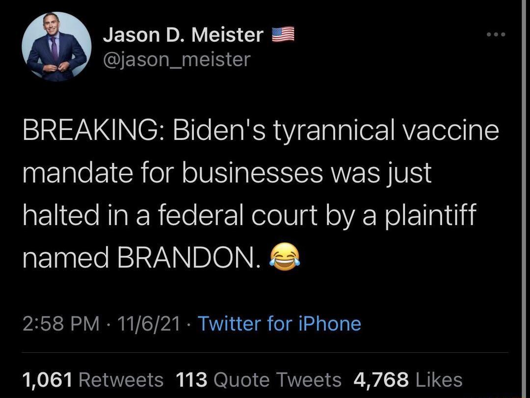 NEL IR TS T ew jason_meister AN CHTTeSTa RN Y eTalaller AVETeTel g1 ETAle EICR ol ol VY p SSISTRNVETSS BISN halted in a federal court by a plaintiff named BRANDON PARSYSH odV I M VCTA I AV u T o l S To 1061 Retweets 113 Quote Tweets 4768 Likes