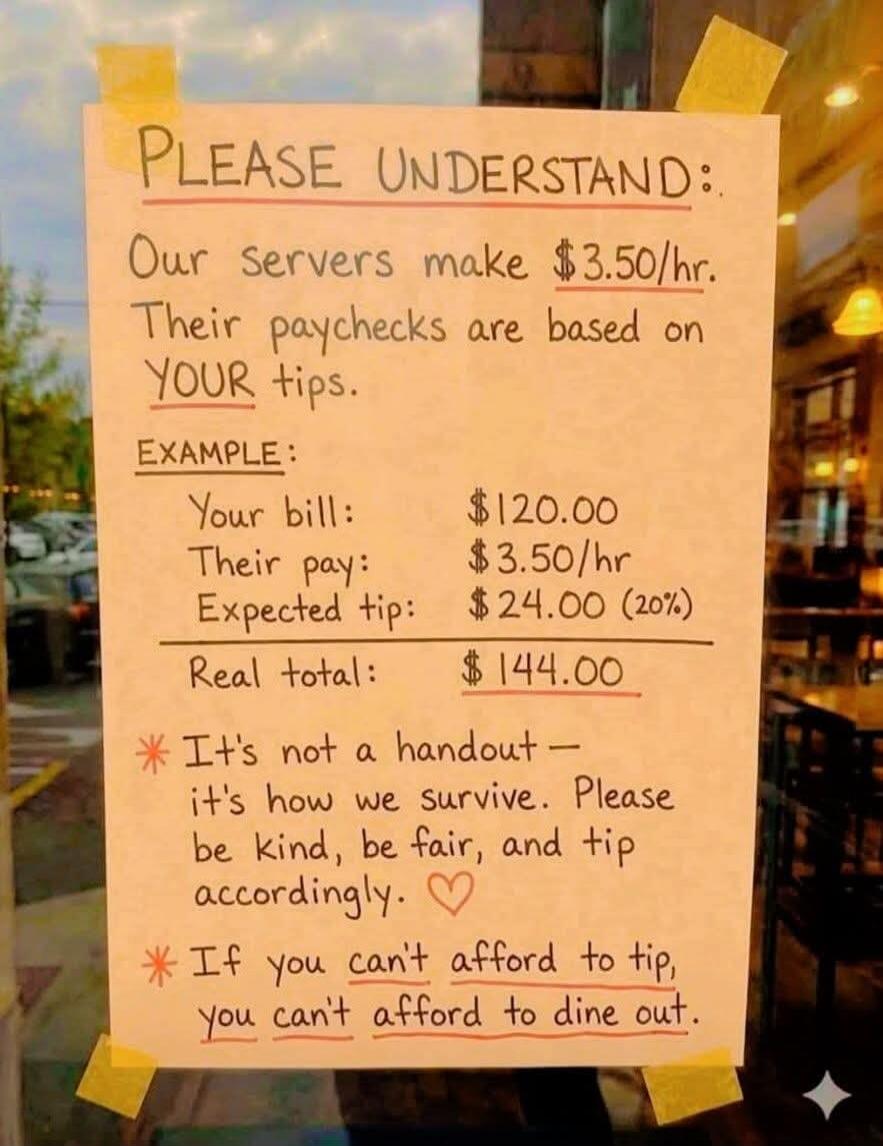 PLEASE UNDERSTAND: Our servers make $3.50/hr. Their paychecks are based on YOUR tips. EXAMPLE: Your bill: $120.00 Their pay: $3.50/hr Expected tip: $24.00 (20%) Real total: $144.00 It's not a handout - it's how we survive. Please be kind, be fair, and tip accordingly. If you can't afford to tip, you can't afford to dine out.