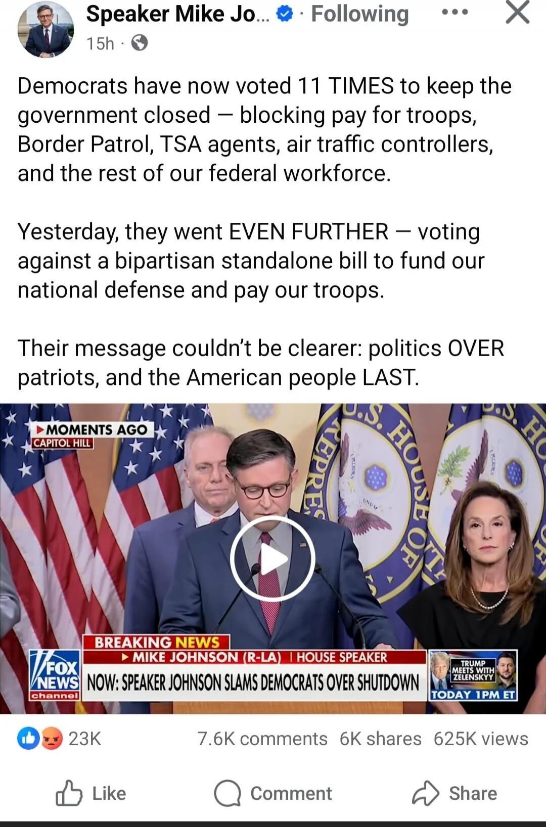 Democrats have now voted 11 TIMES to keep the government closed — blocking pay for troops, Border Patrol, TSA agents, air traffic controllers, and the rest of our federal workforce.

Yesterday, they went EVEN FURTHER — voting against a bipartisan standalone bill to fund our national defense and pay our troops.

Their message couldn't be clearer: po