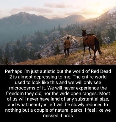 Perhaps Im just autistic but the world of Red Dead 2 is almost depressing to me The entire world used to look like this and we will only see microcosms of it We will never experience the freedom they did nor the wide open ranges Most of us will never have land of any substantial size and what beauty is left will be slowly reduced to nothing but a couple of natural parks feel like we UEEECICE