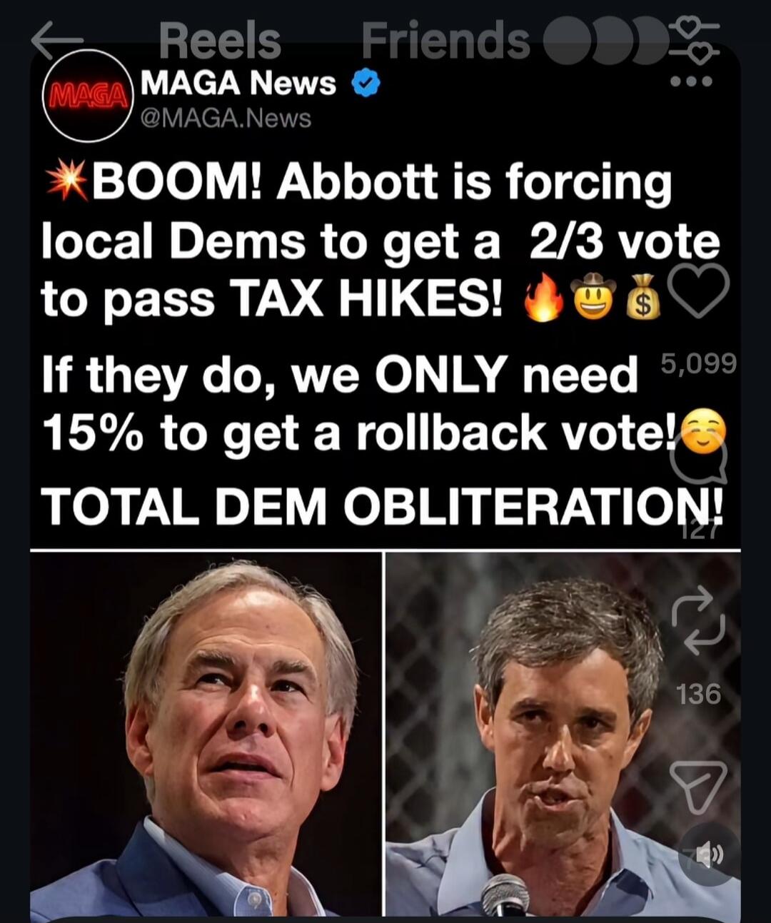 MAGA News. BOOM! Abbott is forcing local Dems to get a 2/3 vote to pass TAX HIKES! If they do, we ONLY need 15% to get a rollback vote! TOTAL DEM OBLITERATION!