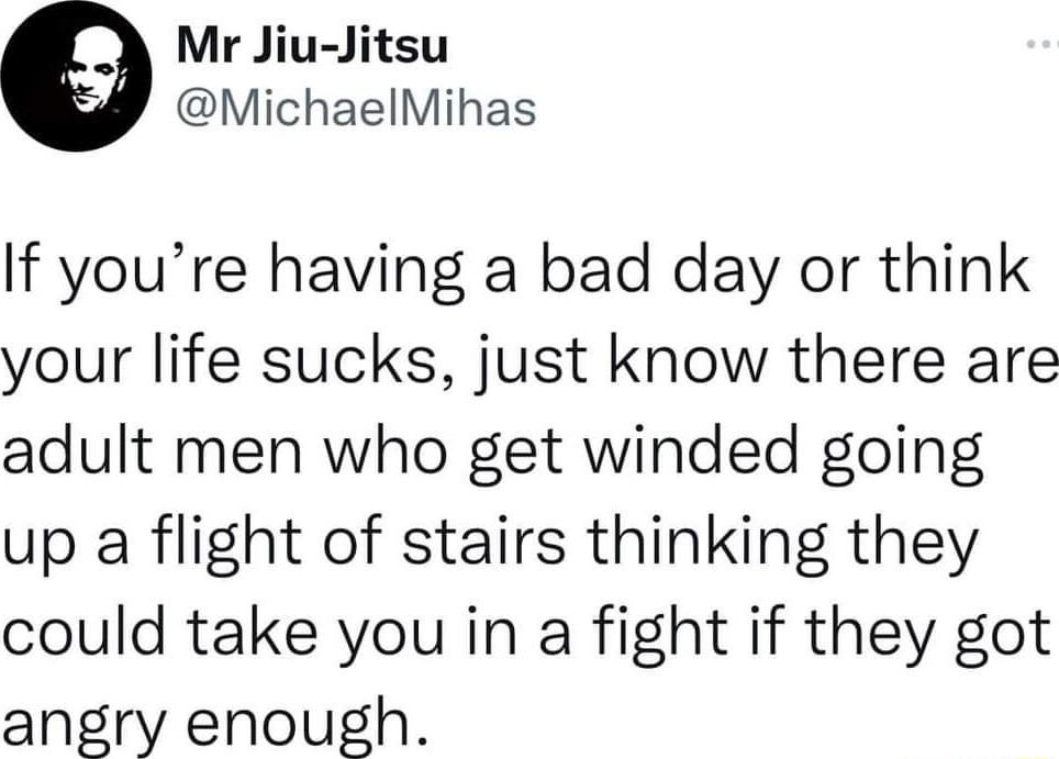 g Mr Jiu Jitsu MichaelMihas If youre having a bad day or think your life sucks just know there are adult men who get winded going up a flight of stairs thinking they could take you in a fight if they got angry enough