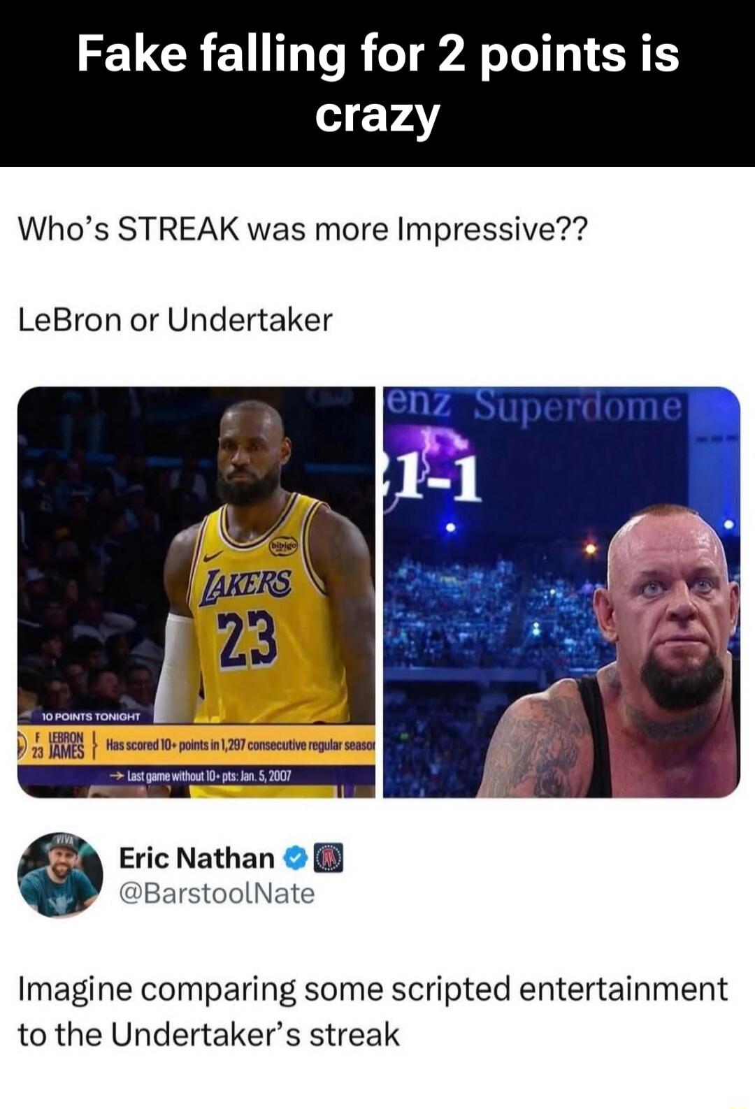 Fake falling for 2 points is crazy

Who’s STREAK was more Impressive??
LeBron or Undertaker

Eric Nathan @BarstoolNate
Imagine comparing some scripted entertainment to the Undertaker’s streak