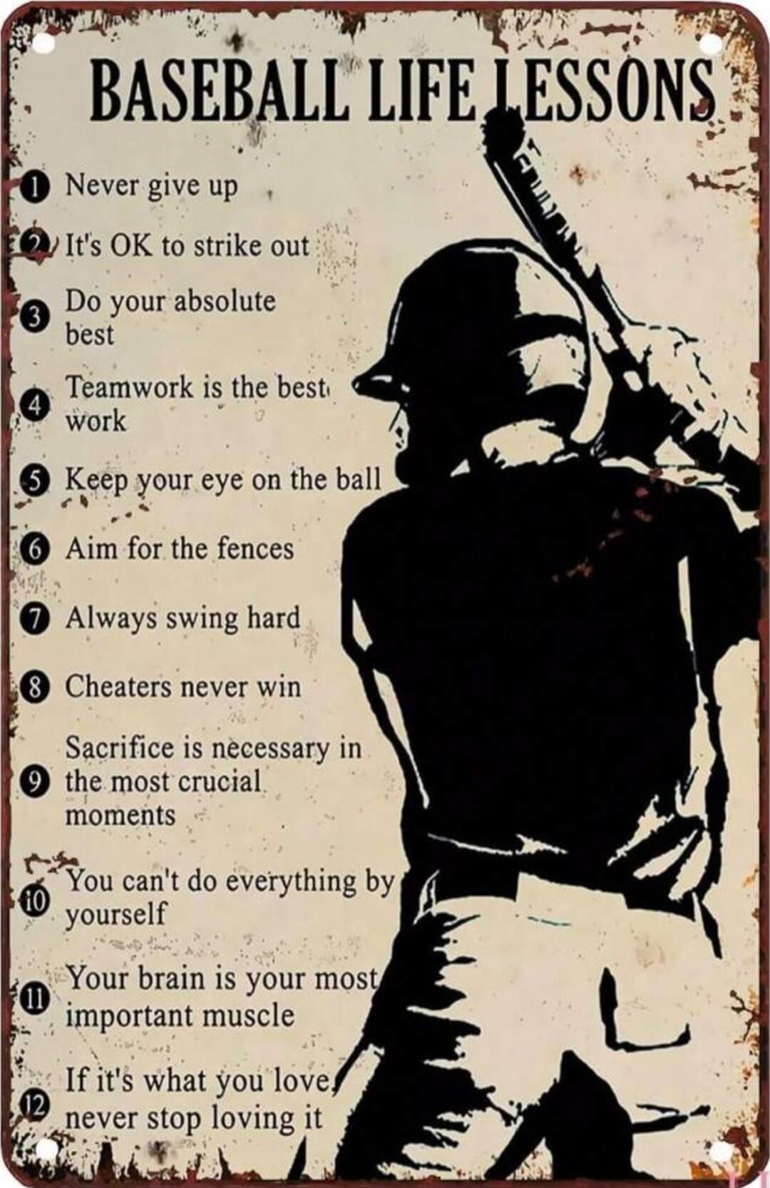 BASEBALL LIFE LESSONS

1 Never give up
2 It's OK to strike out
3 Do your absolute best
4 Teamwork is the best work
5 Keep your eye on the ball
6 Aim for the fences
7 Always swing hard
8 Cheaters never win
9 Sacrifice is necessary in the most crucial moments
10 You can't do everything by yourself
11 Your brain is your most important muscle
12 If it'