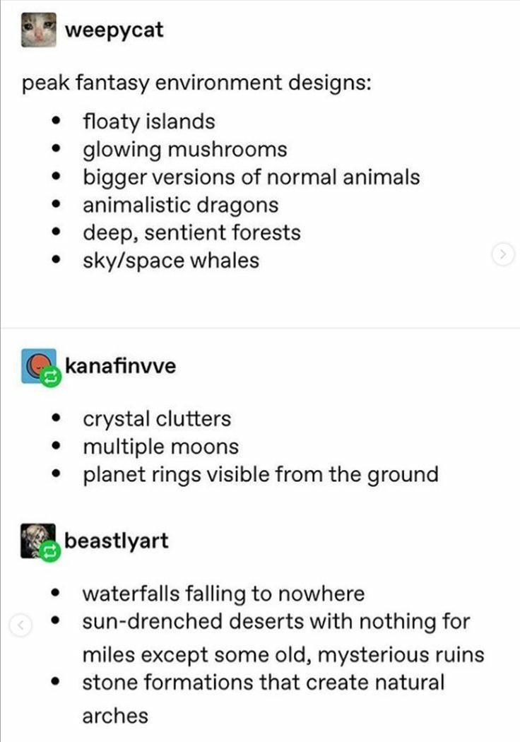 a weepycat peak fantasy environment designs floaty islands glowing mushrooms bigger versions of normal animals animalistic dragons deep sentient forests skyspace whales kanafinvve crystal clutters multiple moons planet rings visible from the ground g beastlyart waterfalls falling to nowhere sun drenched deserts with nothing for miles except some old mysterious ruins stone formations that create na